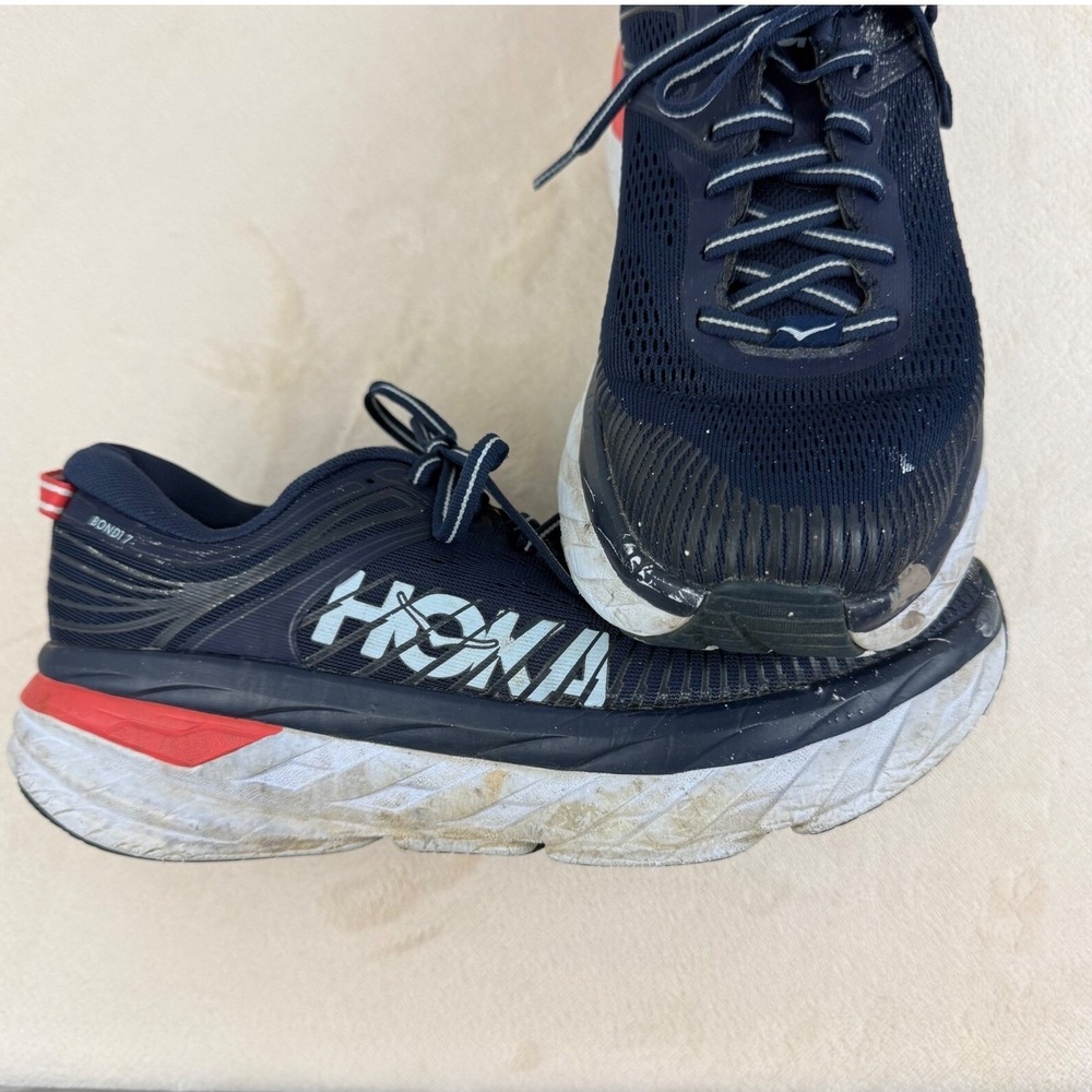 Hoka One One Shoes Men's 8.5 Bondi 7 Running Shoes Lace Up Blue with Wear